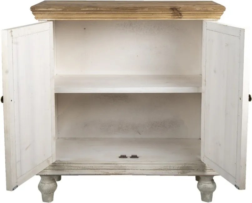 Comodă cu 2 uși, vintage, shabby chic, din lemn, alb, cu blat natur, raft interior și decor sculptat, 100 x 91 x 38 cm, „Fleur de Lys”