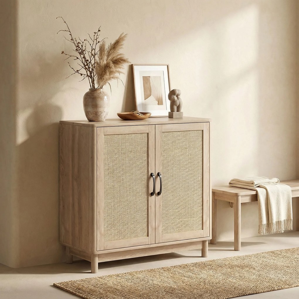 HOMCOM Bufet pentru living, mobilier de depozitare cu 2 uși din ratan, poliță reglabilă și margini rotunjite, 76 x 35 x 75,5 cm, stejar | Aosom Romania