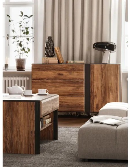 Comoda Boris Cu 1 Usa Si 3 Sertare, Stejar Catania Si Negru, 150 Cm