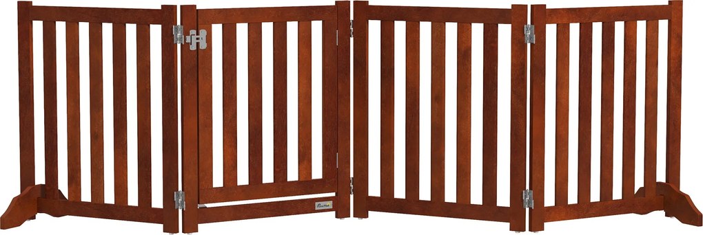 PawHut Barieră de siguranță câine pliabilă dublă față din lemn, 4 panouri cu ușă, picioare de suport, 205 x 60 cm, maro | Aosom Romania