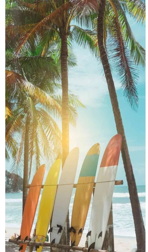 Prosop de plajă cu model palmier şi placă de surf, 100 x 180 cm