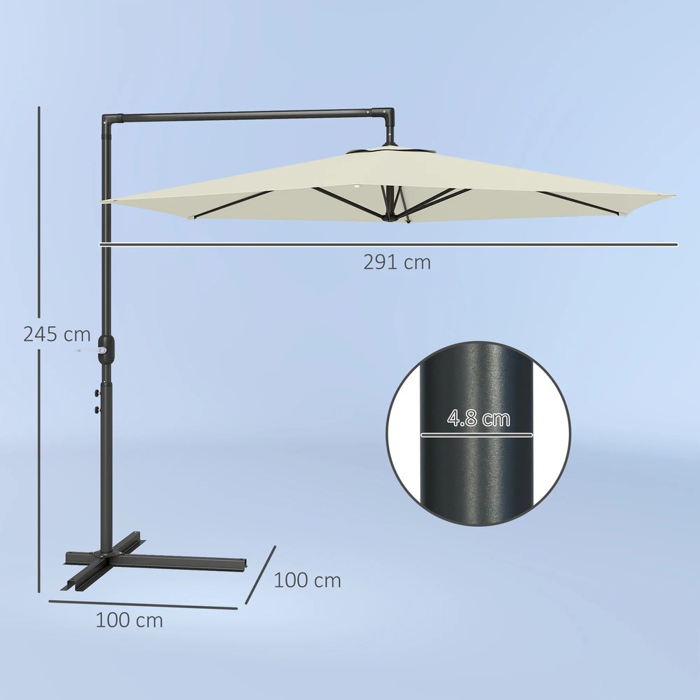 Outsunny Umbrelă Terasă 2.91m cu Consolă, Manivelă, Bază Cruce și Orificiu Aerisire, Suspendată | Aosom Romania