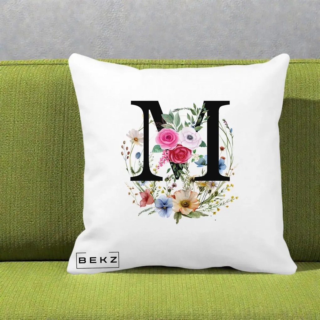 Cadou Personalizat - Perna Personalizata Monogram Litera M cu Flori Acuarela, 40x40 cm, Alba Mata, Husa Detasabila, Perna Inclusa, BEKZ®