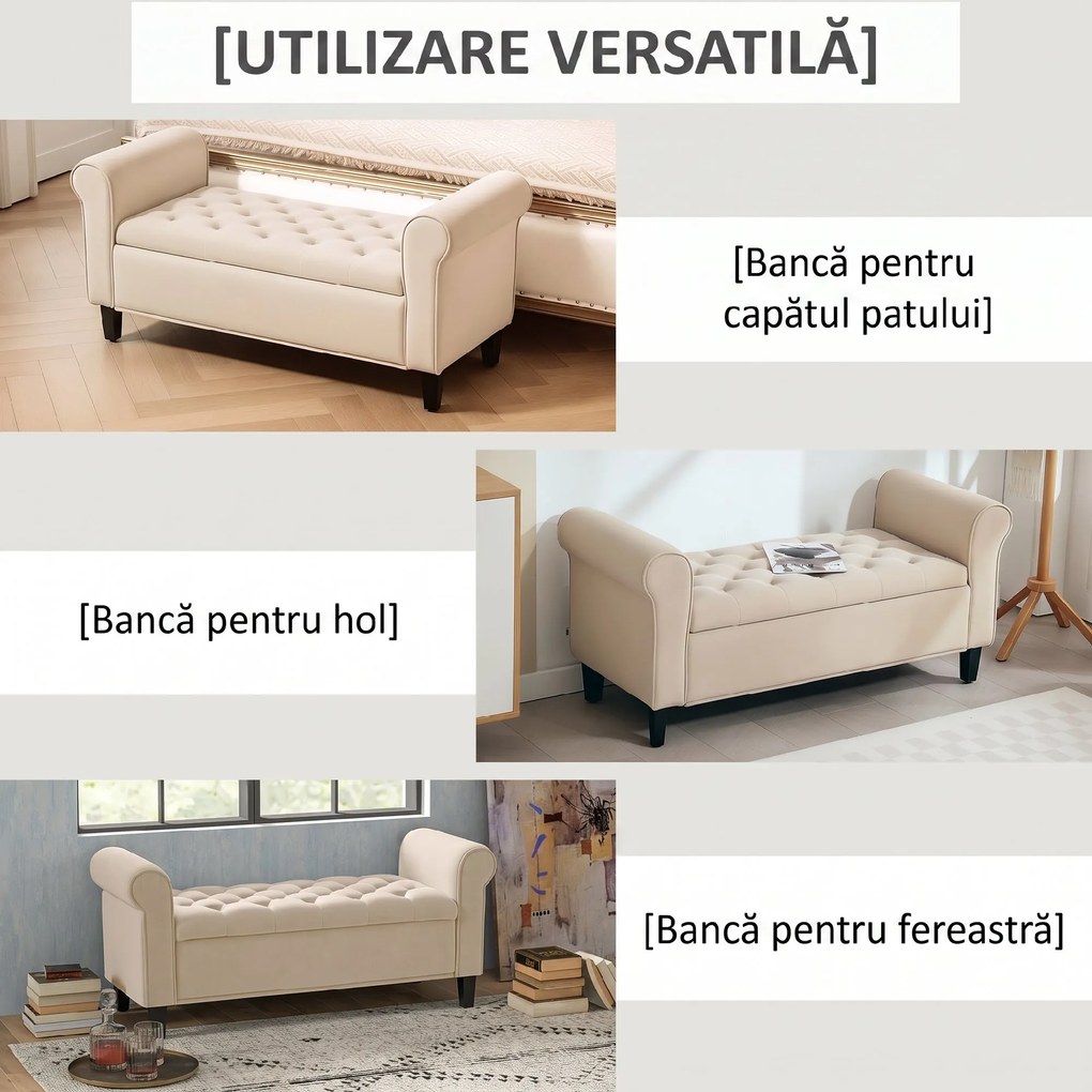 HOMCOM Bancă de Depozitare din Țesătură tip Catifea cu Spațiu Ascuns, Bej | Aosom Romania