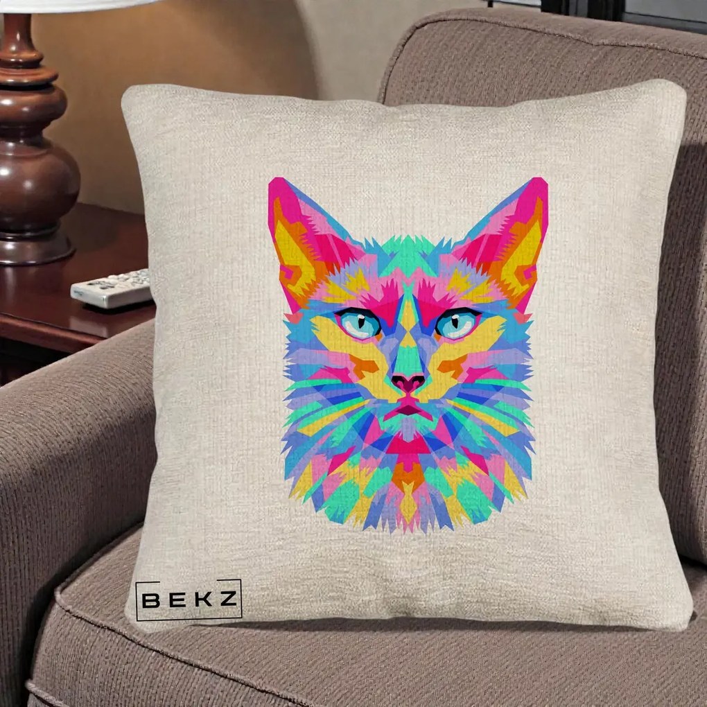 Perna decorativa Pisica Pop Art Multicolor, 40x40 cm cu Umplutura, Bej Canapea, BEKZ