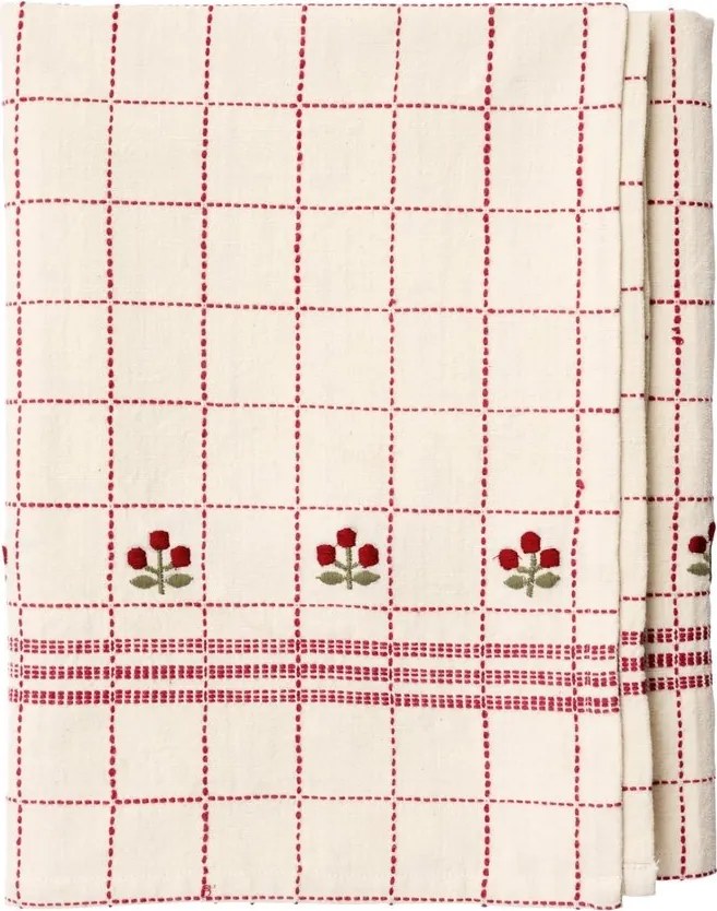 Față de masă din bumbac brodată manual cu model în carouri și flori, 120×220 cm, „Bloom"