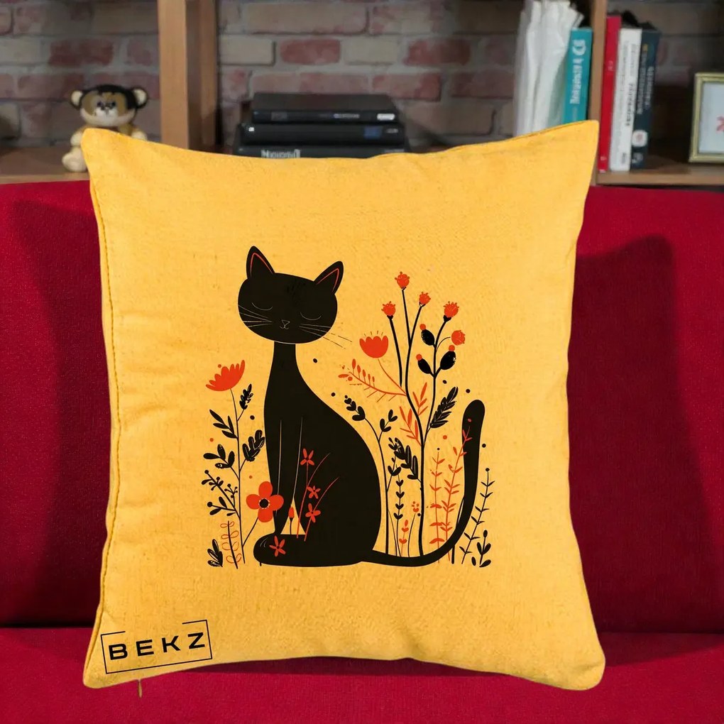 Perna Decorativa Pisica Neagra Flori Rosii Folk Minimal, 40x40 cm, Galben, Husa Detasabila, Perna Inclusa, BEKZ®