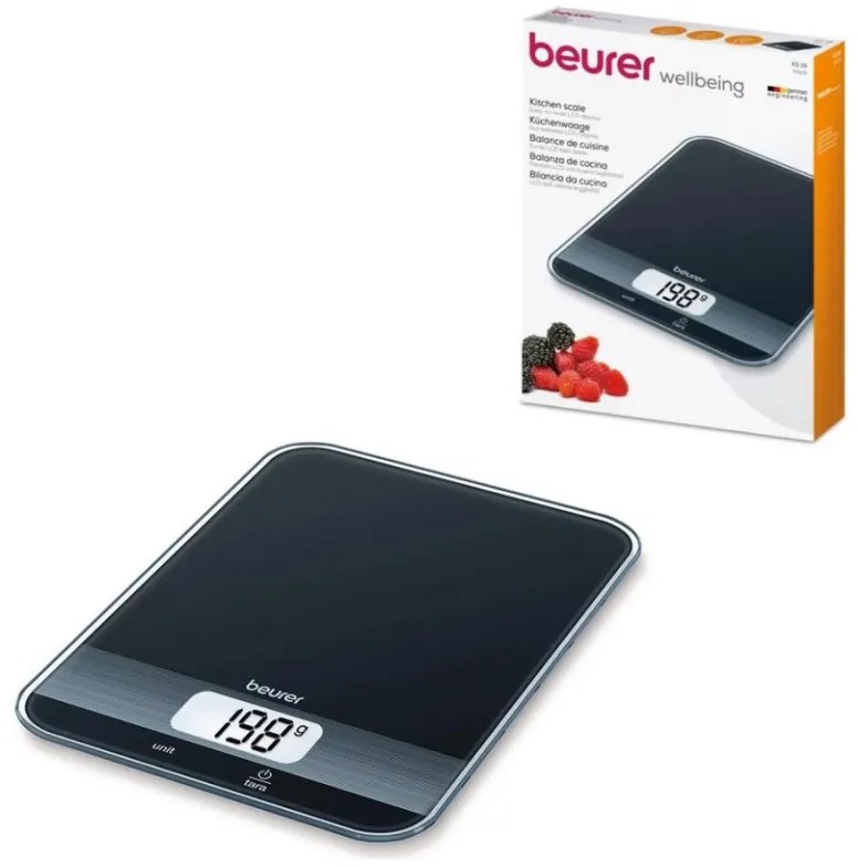 Cantar de bucatarie Beurer KS 19 Black, Pana la 5 kg, Tare, Control tactil, LCD, Sticla, Subtire, Negru