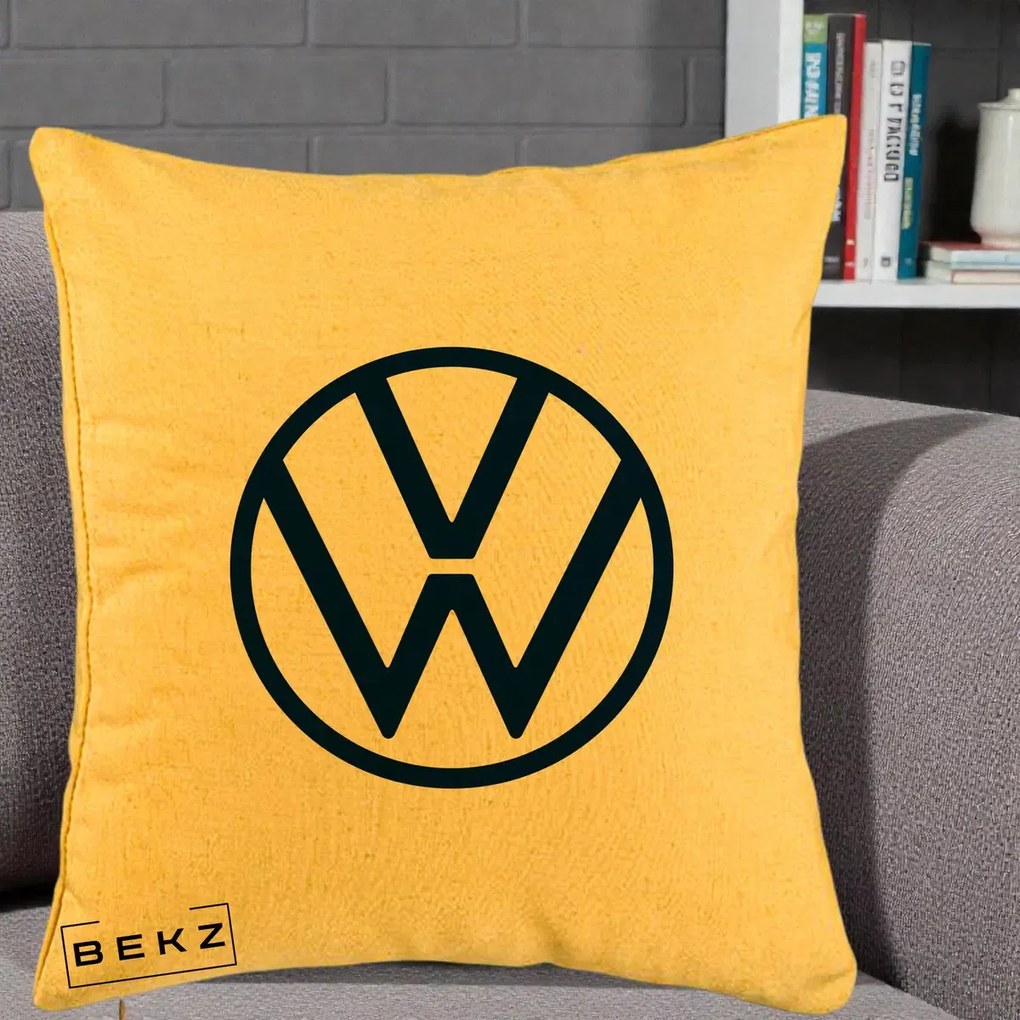 Perna Personalizata cu emblema Volkswagen, 40x40 cm, Galben, Husa Detasabila, Perna Inclusa, BEKZ®