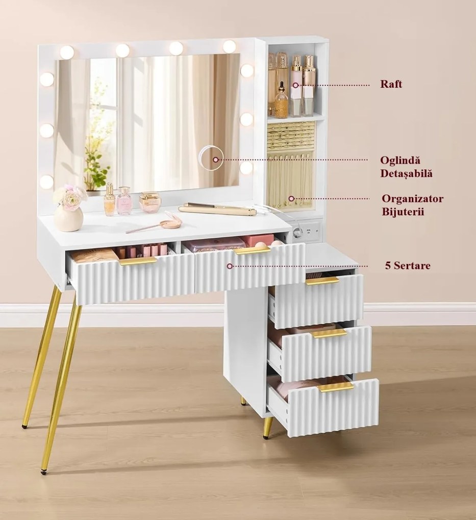 SEA823 - Set Masa toaleta 110 cm, 5 Sertare, Oglinda cu LED, Priza, USB si USB-C, masuta vanity cu Riflaje, make-up cu Organizator Bijuterii - Alb -