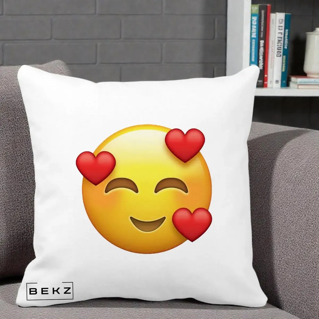 Perna Decorativa Emoji cu 3 Inimi, 40x40 cm, Alba Mata, Husa Detasabila, Perna Inclusa, BEKZ®