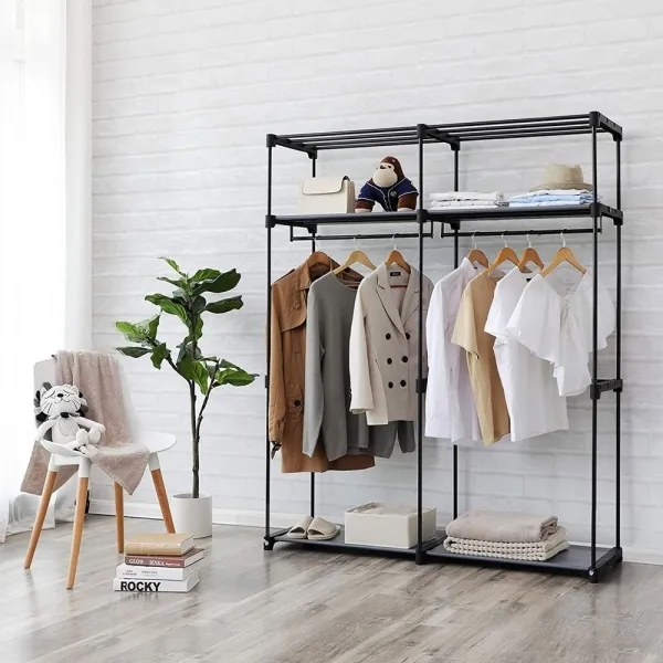 Dulap textil pentru depozitare MATIS, 140 x 174 cm, gri, cu rafturi și bară pentru umerașe