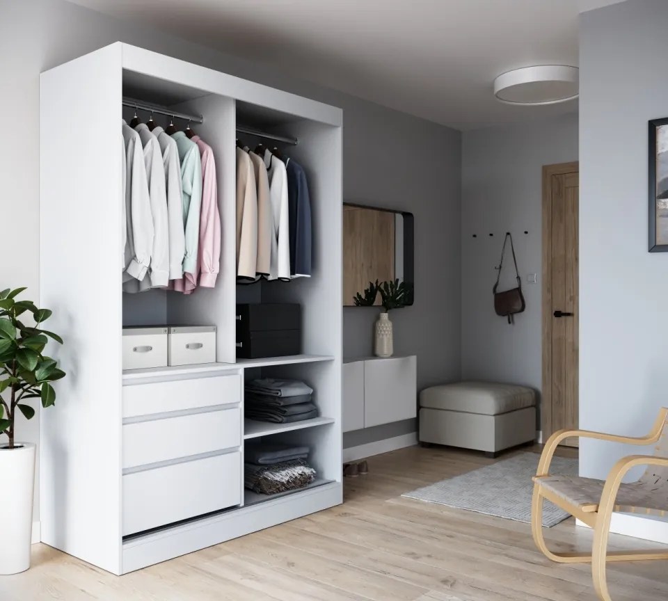 Dulap cu usi glisante si oglinda Haidar, ADRK Furniture (Dimensiuni: 140x216 cm, Culoare: Lefkas / Negru)