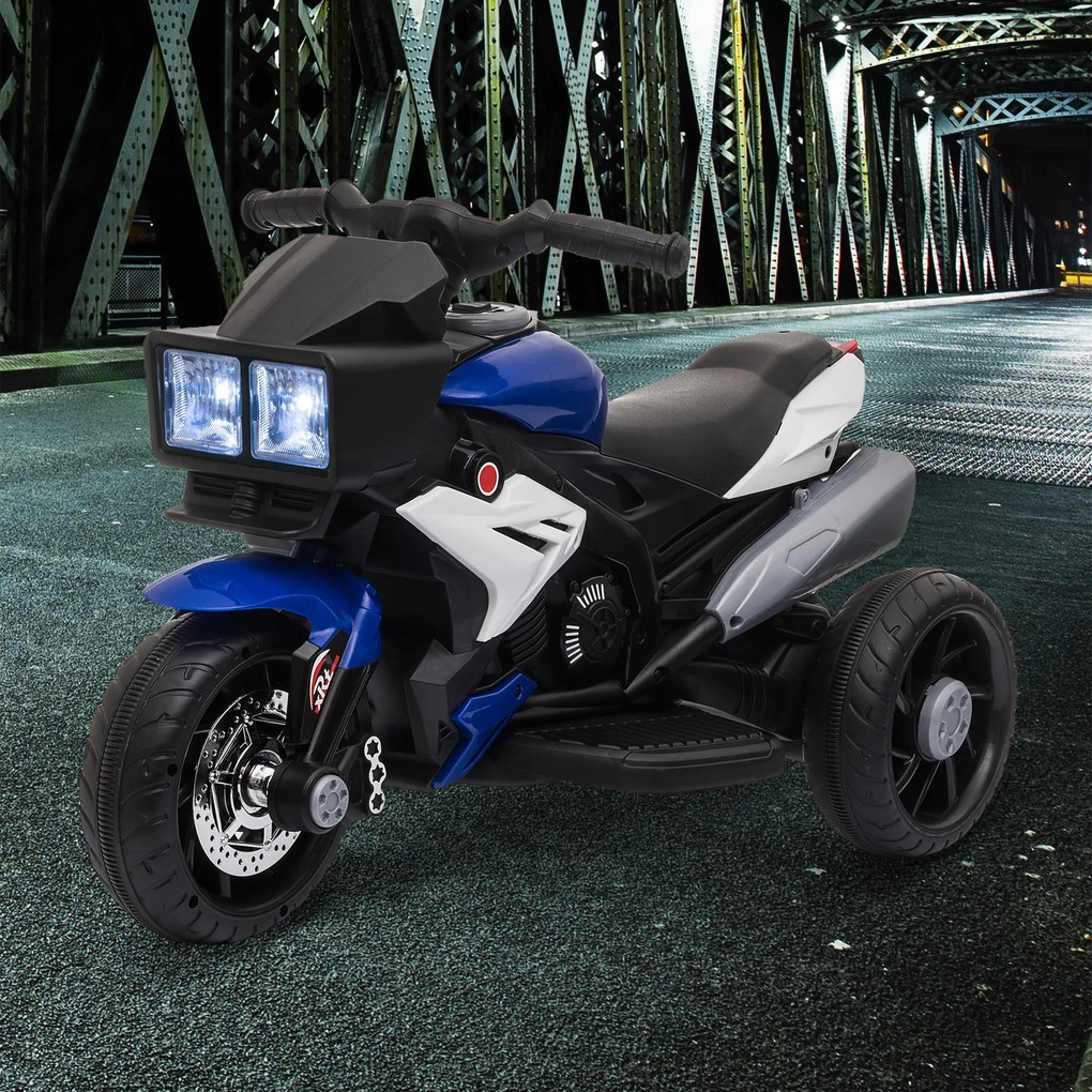 HOMCOM Motocicletă Electrică Copii 3-6 Ani, 3 Roți, Baterie 6V, din PP și Metal, Albastru Închis și Negru, 86x42x52cm | Aosom Romania