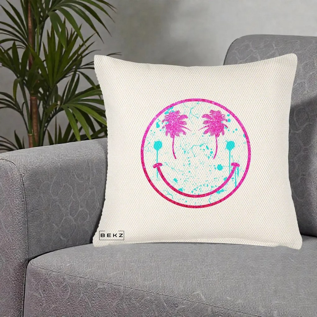 Perna Decorativa Smiley Face Tropical Glitter Roz, 40x40 cm, Crem Reliefat, Husa Detasabila, Perna Inclusa, BEKZ®