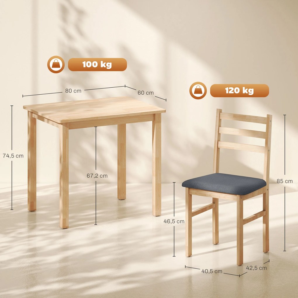 HOMCOM Set de Masă 3 Piese cu 2 Scaune, Masă de Bucătărie pentru Spații Compacte, Scaune Panouri, Spațiu de Economisire, MDF, Lemn Natural | Aosom Romania