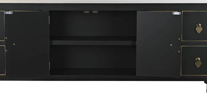 Comodă TV living din lemn, negru, cu 2 uși, 8 sertare și medalion oriental cu ramură înflorită, 51 x 130 x 26 cm, „Zenora”