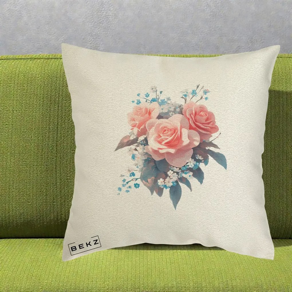 Perna Decorativa Trandafiri Roz cu Floricele Albastre, 40x40 cm, Ecru, Husa Detasabila, Perna Inclusa, BEKZ®