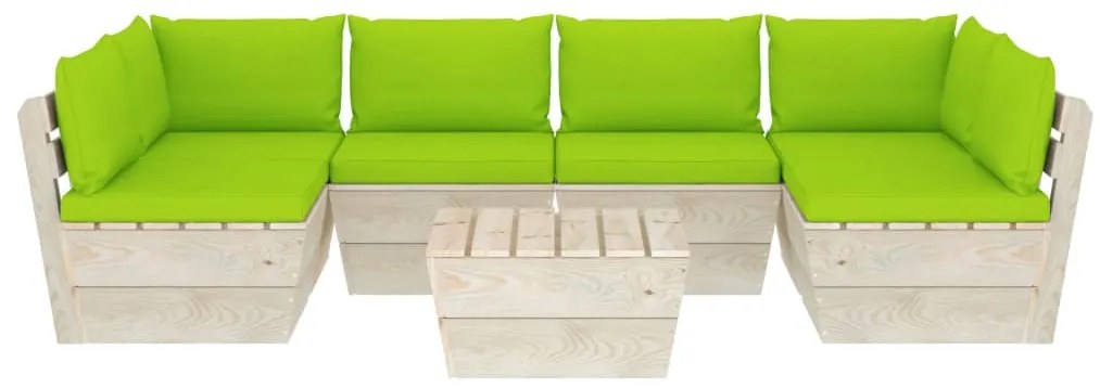 Set mobilier gradina din paleti, 7 piese, cu perne, lemn molid verde aprins, 2x colt + 4x mijloc + masa, 1