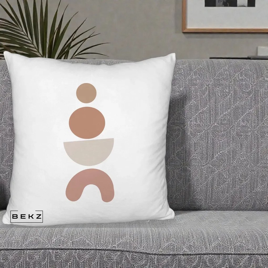 Perna Decorativa Geometric Boho Cercuri si Arc, 40x40 cm, Alb Pufos, Husa Detasabila, Perna Inclusa, BEKZ®
