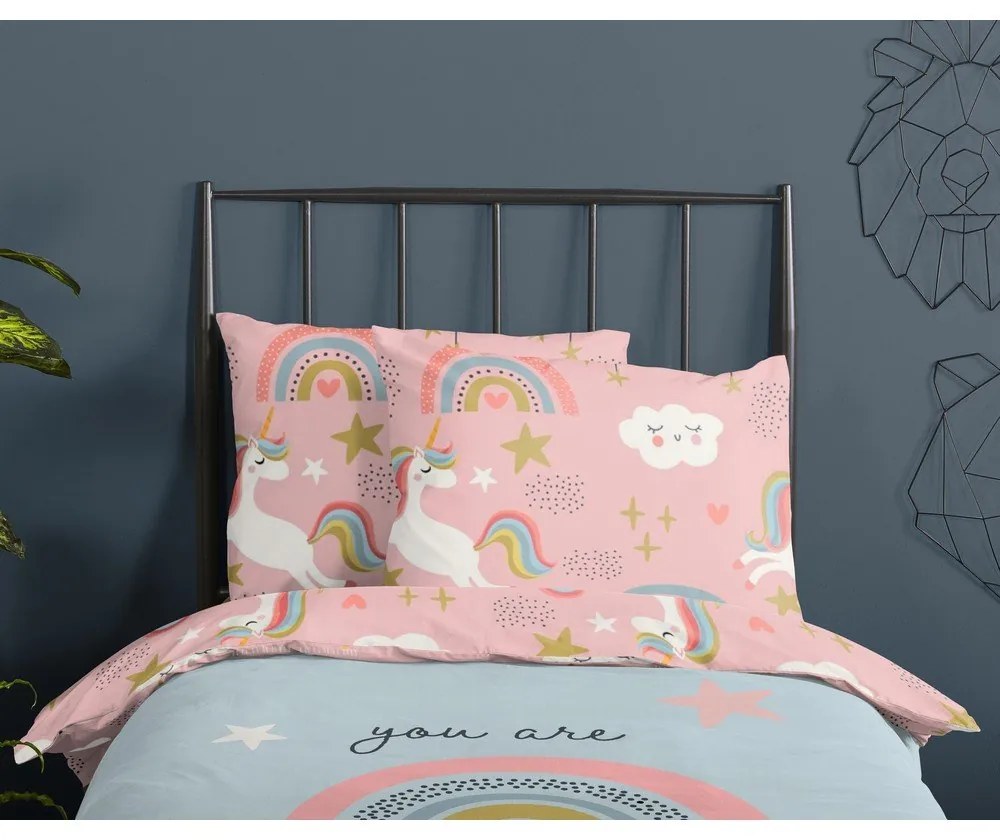 Lenjerie de pat pentru copii albastră-roz din bumbac pentru pat de o persoană 140x200 cm Suus – Good Morning