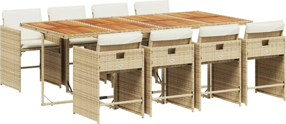 vidaXL Set de masă pentru grădină, 9 piese, cu perne, bej, poliratan