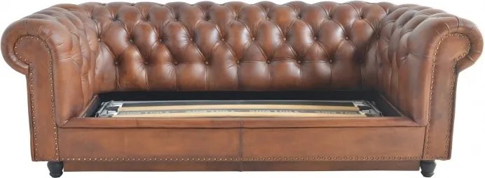 Canapea extensibilă 3 locuri Chesterfield din piele naturală cognac, cu pat pliant și ținte decorative, 102 x 220 x 102 cm, „Hargreaves”