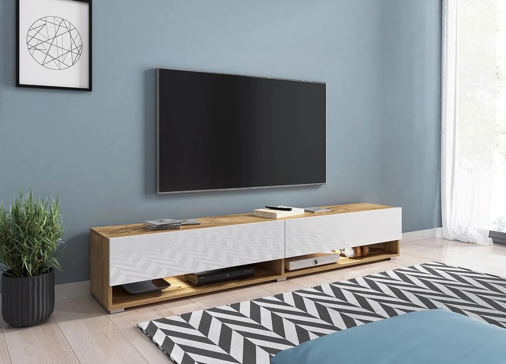 Masă TV/Dulap Aldesia 180 (wotan + Alb lucios ) (iluminat LED rgb color). 1053720