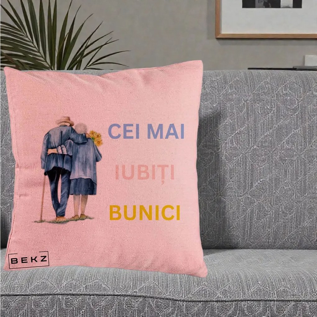 Cadou pentru Bunici - Perna Personalizata Cei Mai Iubiti Bunici Acuarela Spate, 40x40 cm, Roz, Husa Detasabila, Perna Inclusa, BEKZ®