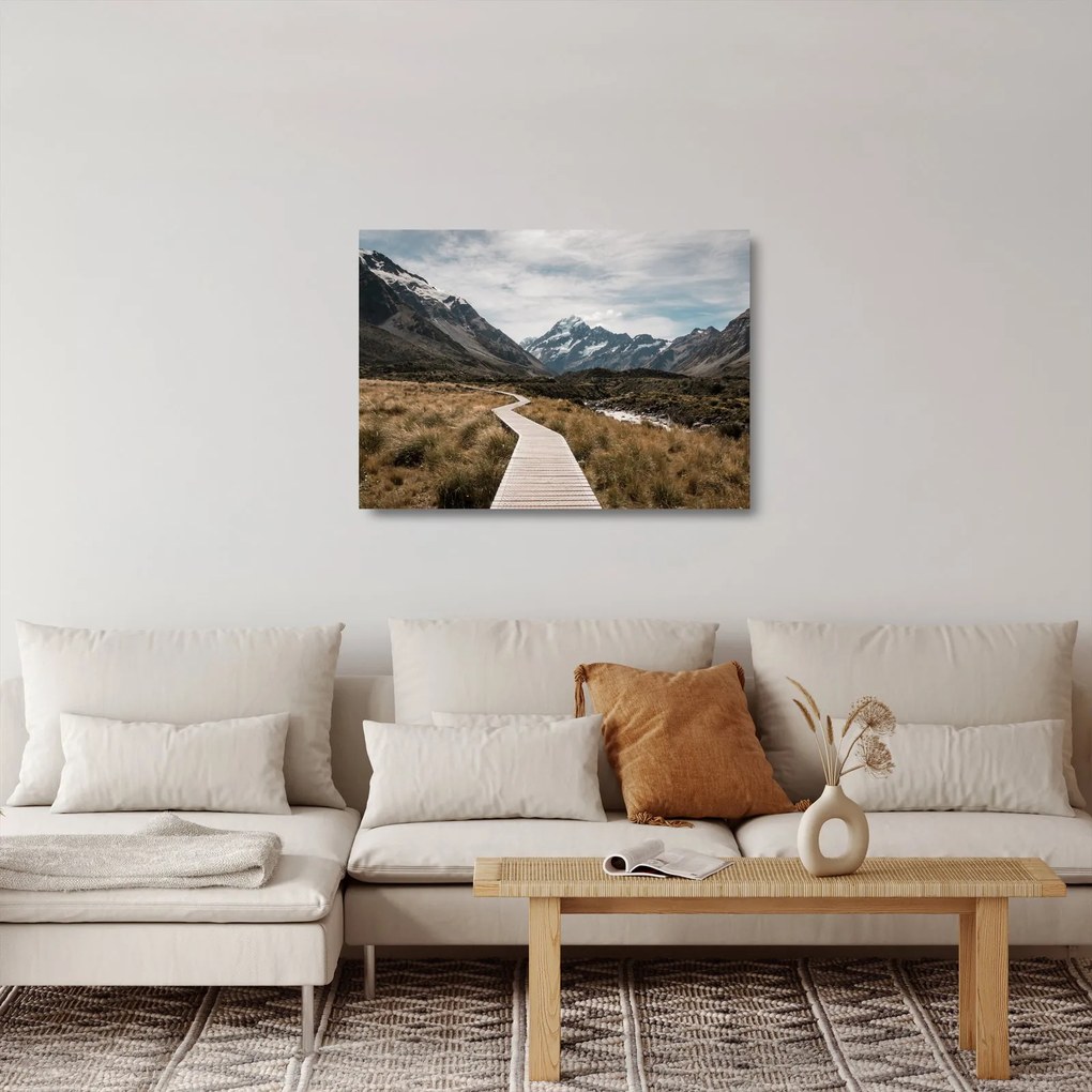Tablou pe sticlă - Poteca în valea muntelui Mt. Cook (70x50 cm)