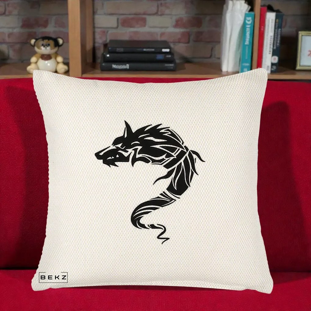 Perna Decorativa Lup Tribal Alb-Negru, 40x40 cm, Crem Reliefat, Husa Detasabila, Perna Inclusa, BEKZ®