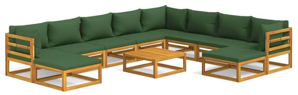 3155324 vidaXL Set mobilier grădină cu perne verzi, 11 piese, lemn masiv pin