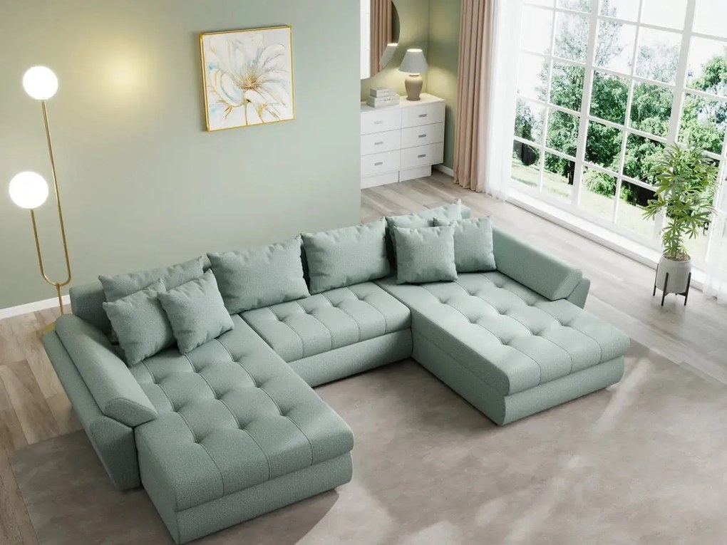 Colțar extensibil dumonde cu ladă de depozitare si sezut confortabil din spuma high-density, Loana U Enjoy Mint 355x185 cm