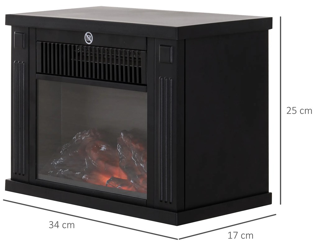 Șemineu Electric de PodeaPutere 600W/1200W din Plastic și Sticlă Temperată Negru, 34x17x25cm HOMCOM | Aosom Romania