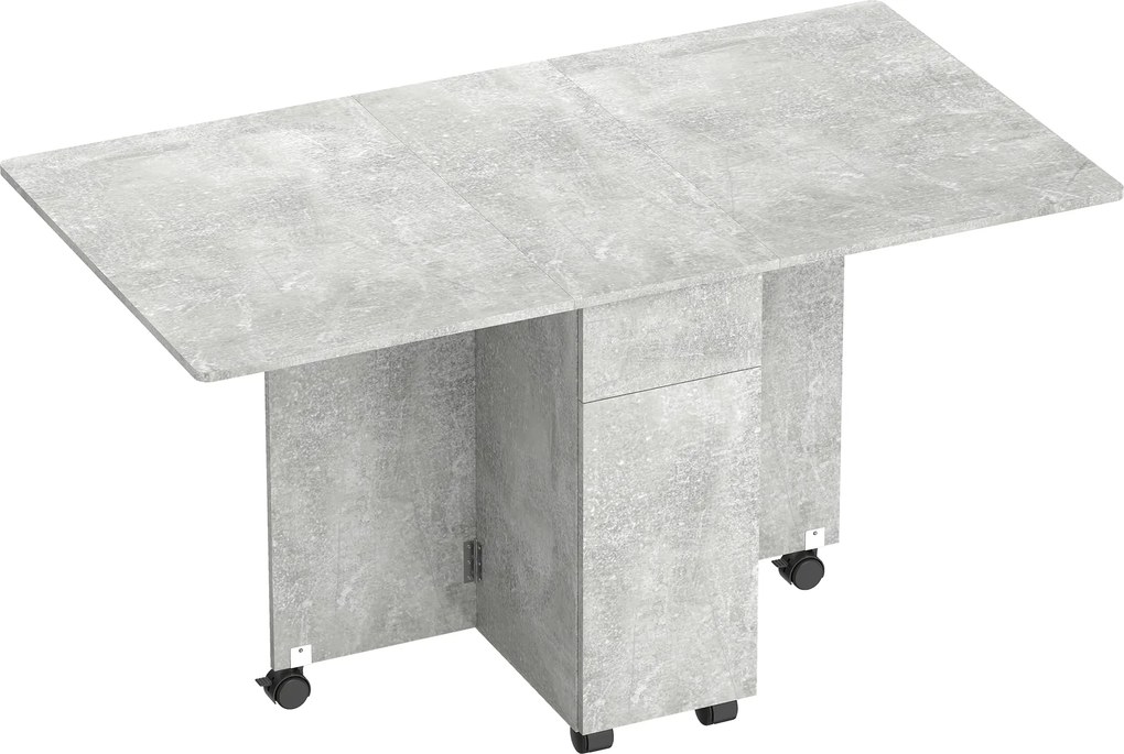 HOMCOM Masă de Luat Masa Pliabilă, Masă de Bucătărie cu Blaturi Rabatabile și Roți cu Frâne pentru 6 Persoane, Birou Compact cu 2 Sertare, 2 Uși și Dulap, pentru Living, 140x76x74î cm, Gri Ciment | Aosom Romania