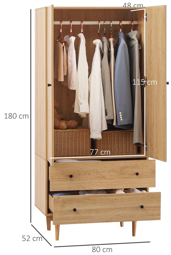 HOMCOM Dulap pentru haine dulap de depozitare pardesiu cu 2 uși, 2 sertare și bară pentru agățat - 80 x 52 x 180 cm - aspect lemn | Aosom Romania