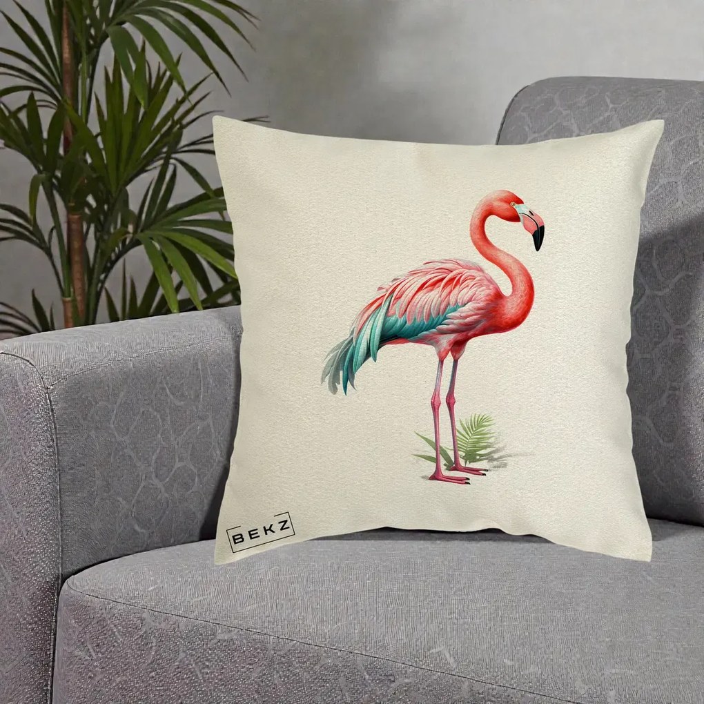 Perna Decorativa Flamingo Roz cu Pene Teal, 40x40 cm, Ecru, Husa Detasabila, Perna Inclusa, BEKZ®