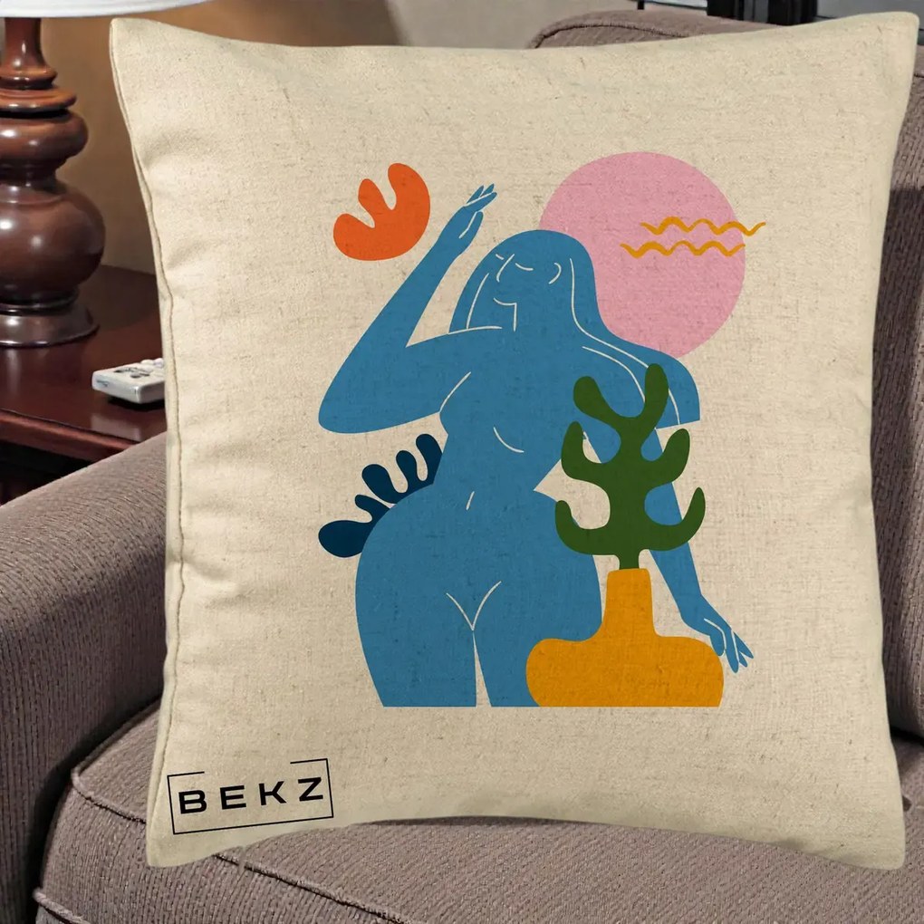 Perna Decorativa Femeie Albastra Cactus, 40x40 cm, Bej, Husa Detasabila, Perna Inclusa, BEKZ®