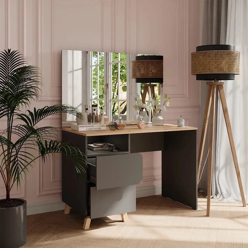 SEG18 - Set Masa toaleta 110 cm, cosmetica, machiaj, oglinda cu sau fara LED, masuta vanity cu sau fara scaun, make-up - Gri Antracit - Culoarea