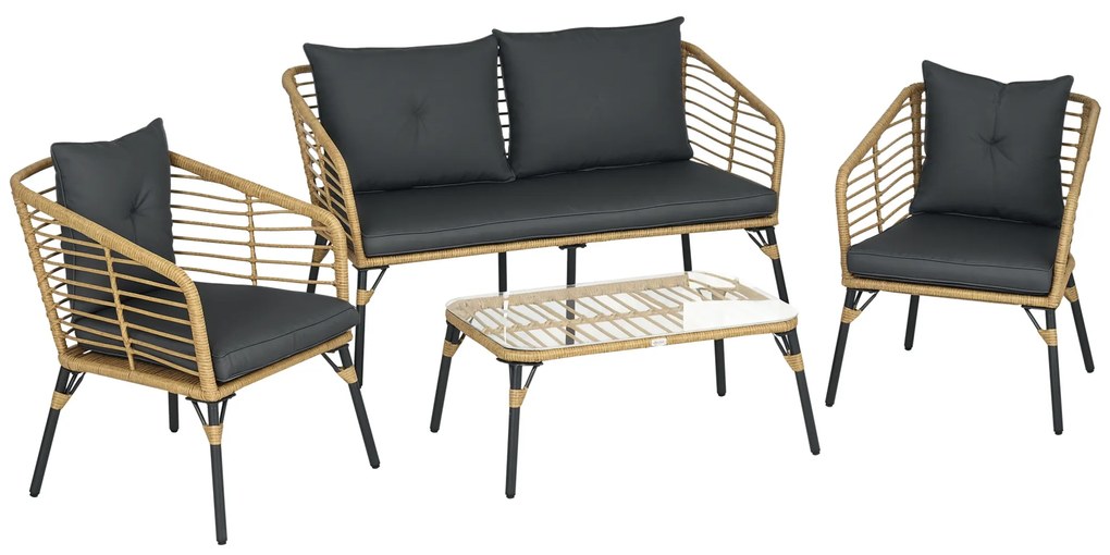 Outsunny Set Mobilier de Grădină din Ratan cu Canapea, 2 Fotolii cu Perne și Măsuță, 131x63x76 cm, Gri Închis | Aosom Romania