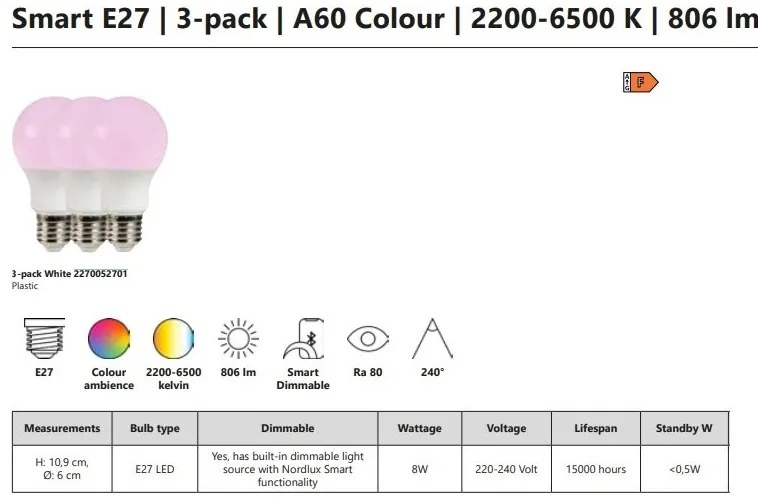 Set de 3 becuri Smart LED RGB E27 A60 8W 2200-6500K 806Lm White