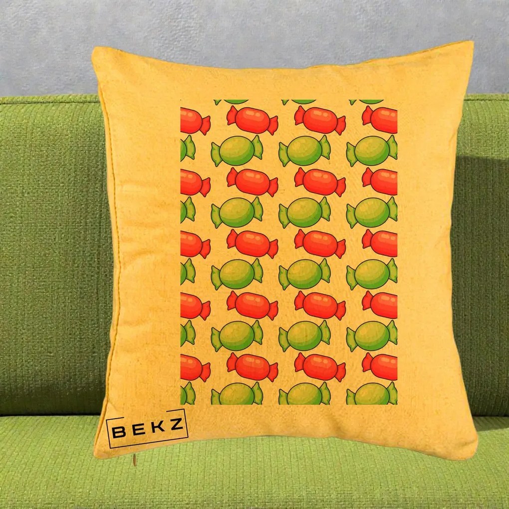 Perna Decorativa Bomboane Craciun Pattern, 40x40 cm, Galben, Husa Detasabila, Perna Inclusa, BEKZ®