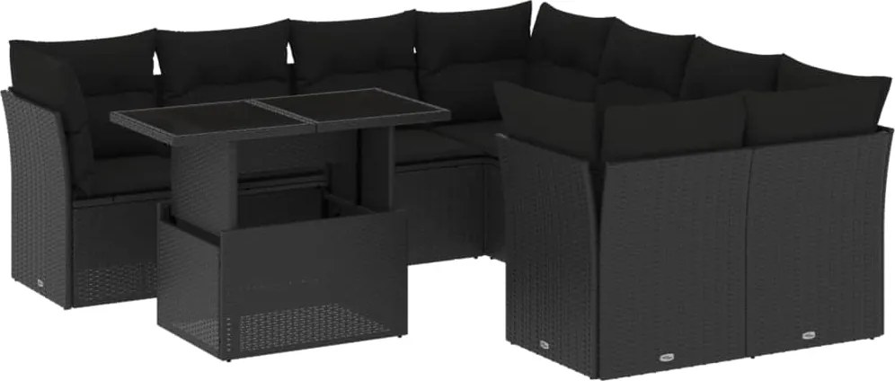 vidaXL Set mobilier de grădină cu perne, 9 piese, negru, poliratan