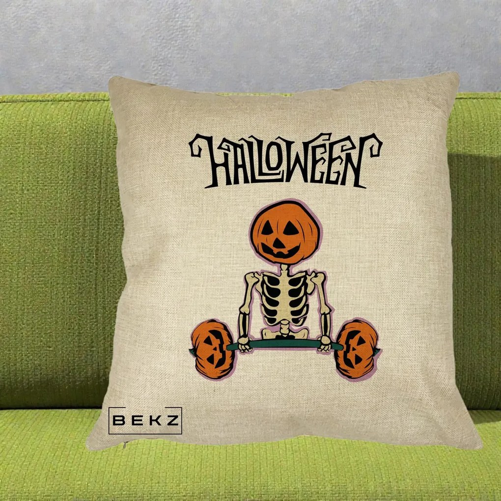 Perna Decorativa Halloween Schelet cu Cap de Dovleac Powerlifting, 40x40 cm, Crem, Husa Detasabila, Perna Inclusa, BEKZ®