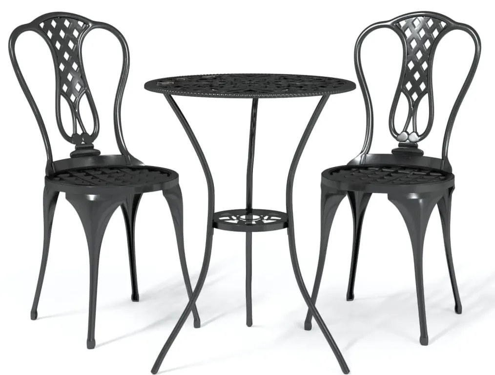 Set mobilier bistro, 3 piese, negru, aluminiu turnat Negru, 1