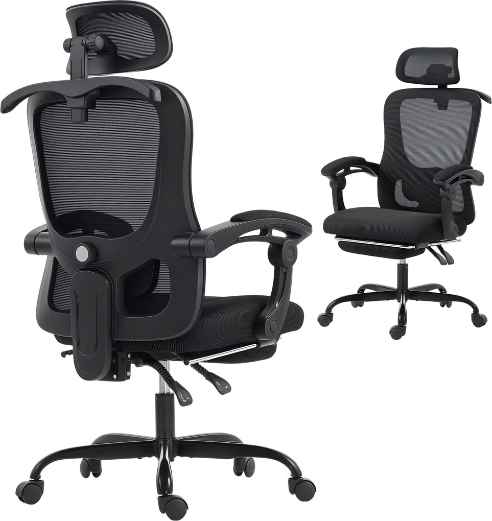 HOMCOM Scaun de birou ergonomic, fotoliu din plasă cu tetieră reglabilă, suport lombar, 64x64x124cm, negru | Aosom Romania