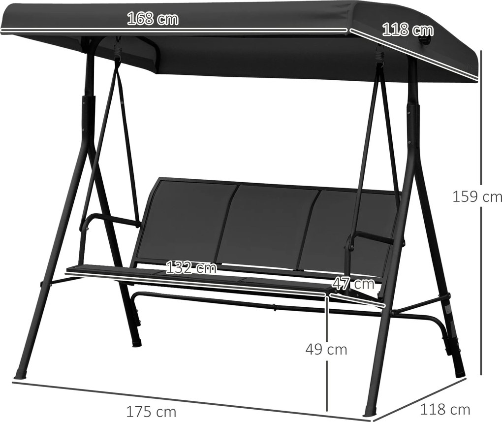 Outsunny Leagăn de Grădină pentru 3 Persoane cu Acoperiș, Șezut Respirabil și Cadru din Oțel, Negru | Aosom Romania
