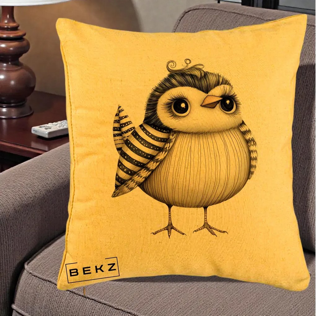Perna Decorativa Pui Elegant Alb-Negru, 40x40 cm, Galben, Husa Detasabila, Perna Inclusa, BEKZ®