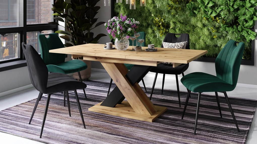 Mazzoni KARO Stejar Artisan/Negru Mat – MASĂ/MĂSUȚĂ DE CAFEA MODERNĂ CU BLAT EXTENSIBIL până la 180 cm