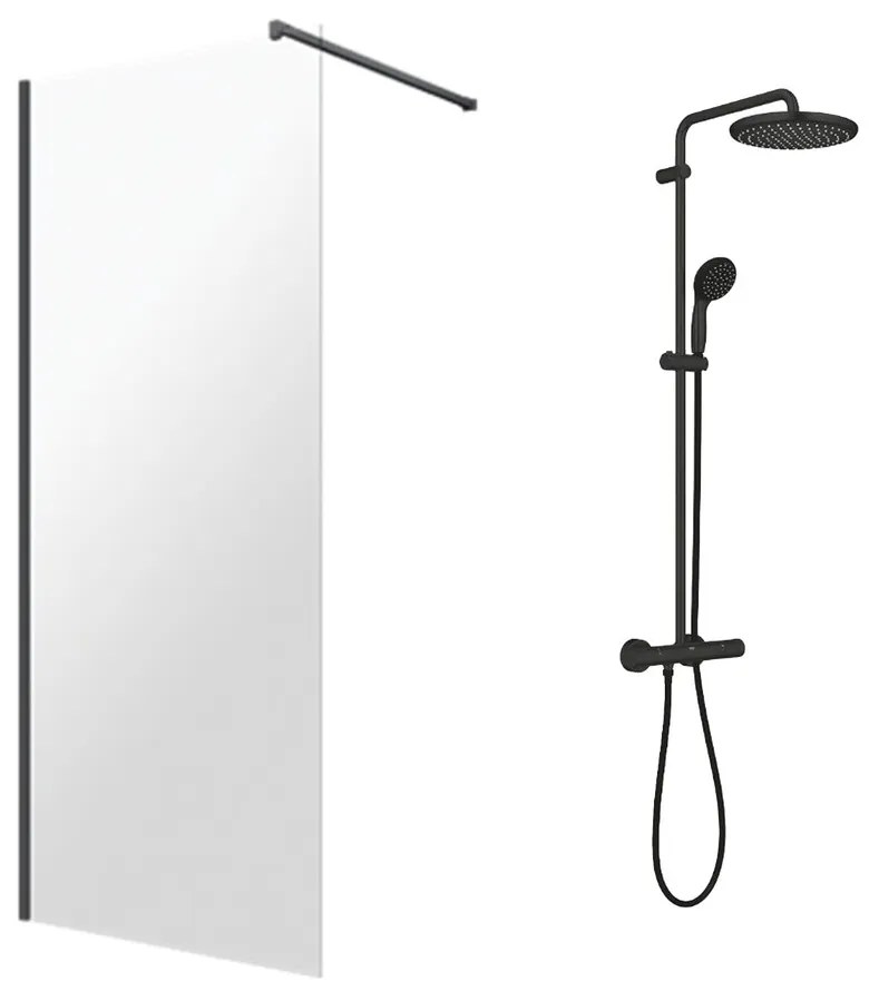 Pachet paravan dus Walk-In Omnires Marina negru 90x200 cm si coloana de dus Grohe Vitalio Start negru